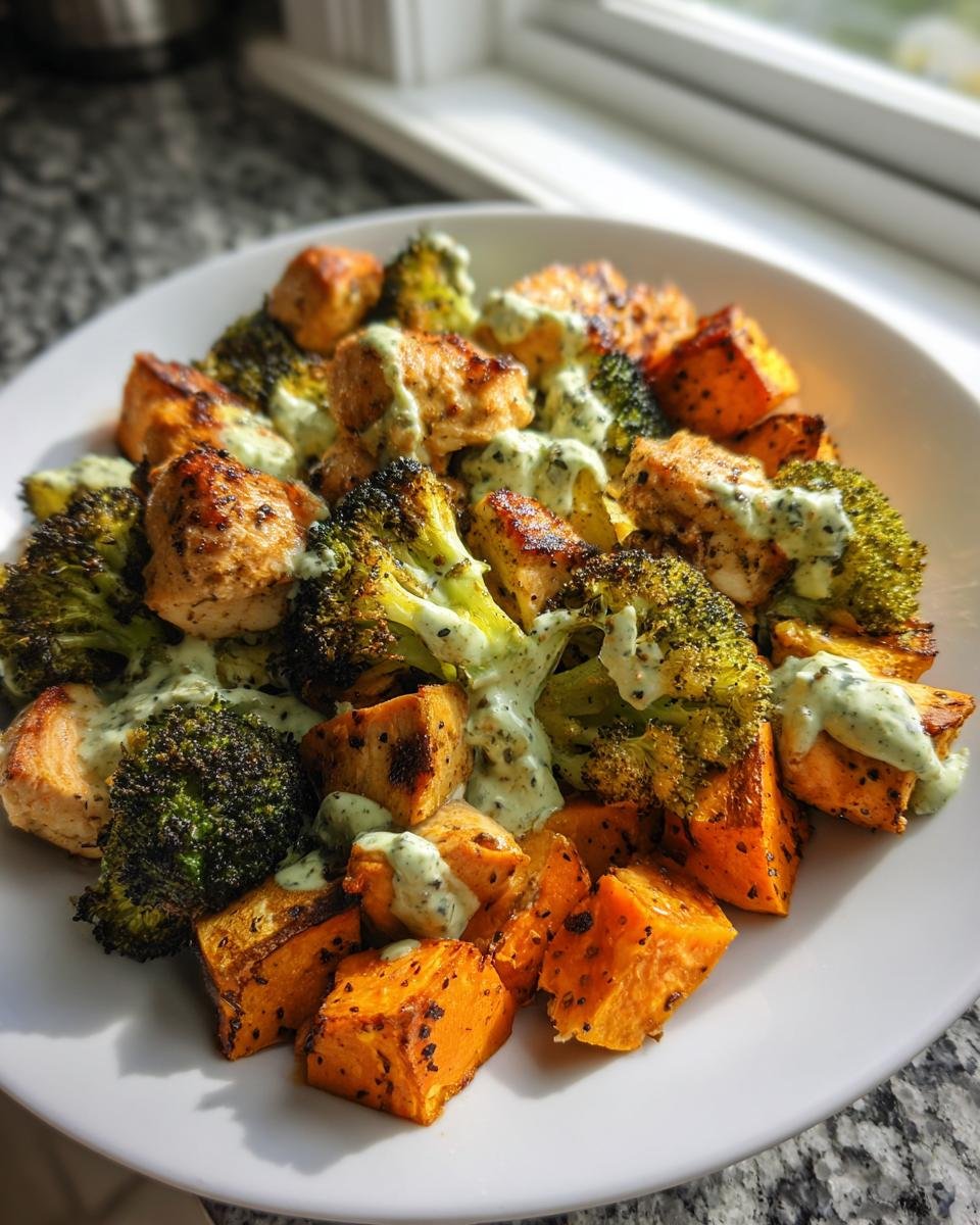 Close-up of Sheet Pan Chicken Broccoli And Sweet Potatoes With Garlic Herb Aioli Whole30 Paleo served on a white plate.