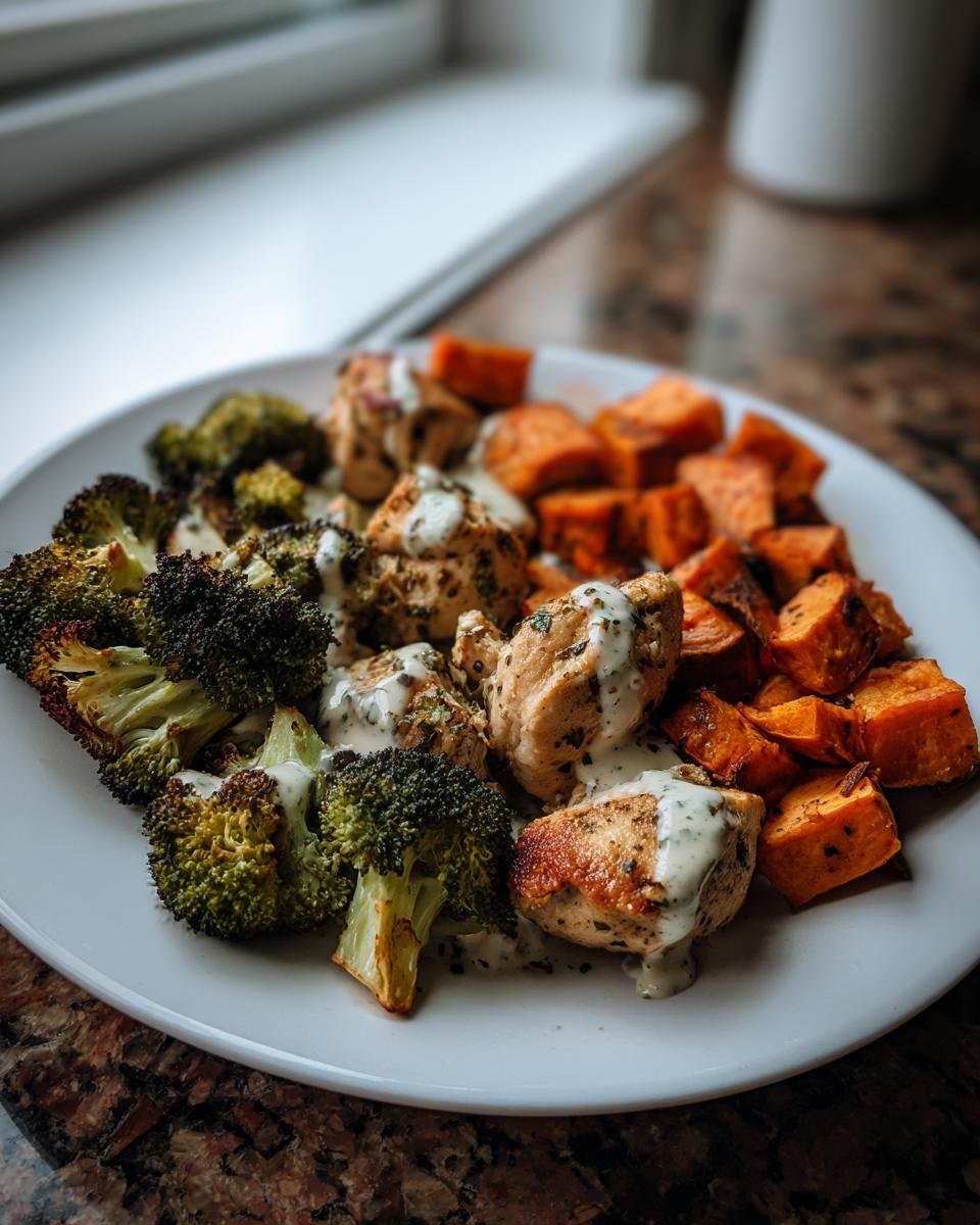 A plate featuring Sheet Pan Chicken Broccoli And Sweet Potatoes drizzled with garlic herb aioli.