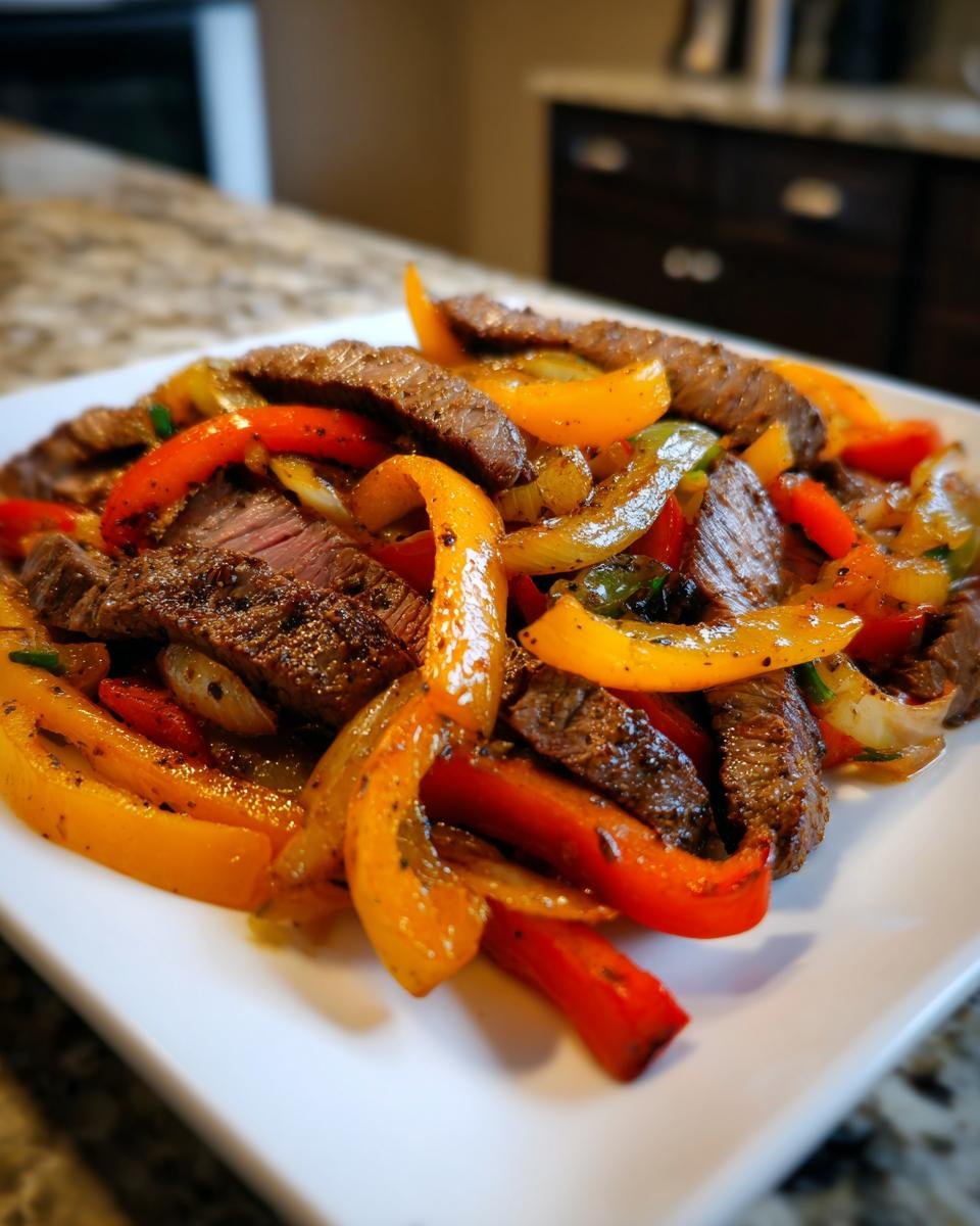 Close-up of perfectly cooked Sheet Pan Steak Fajitas featuring sliced steak, red, orange, and yellow bell peppers, and onions on a white plate.