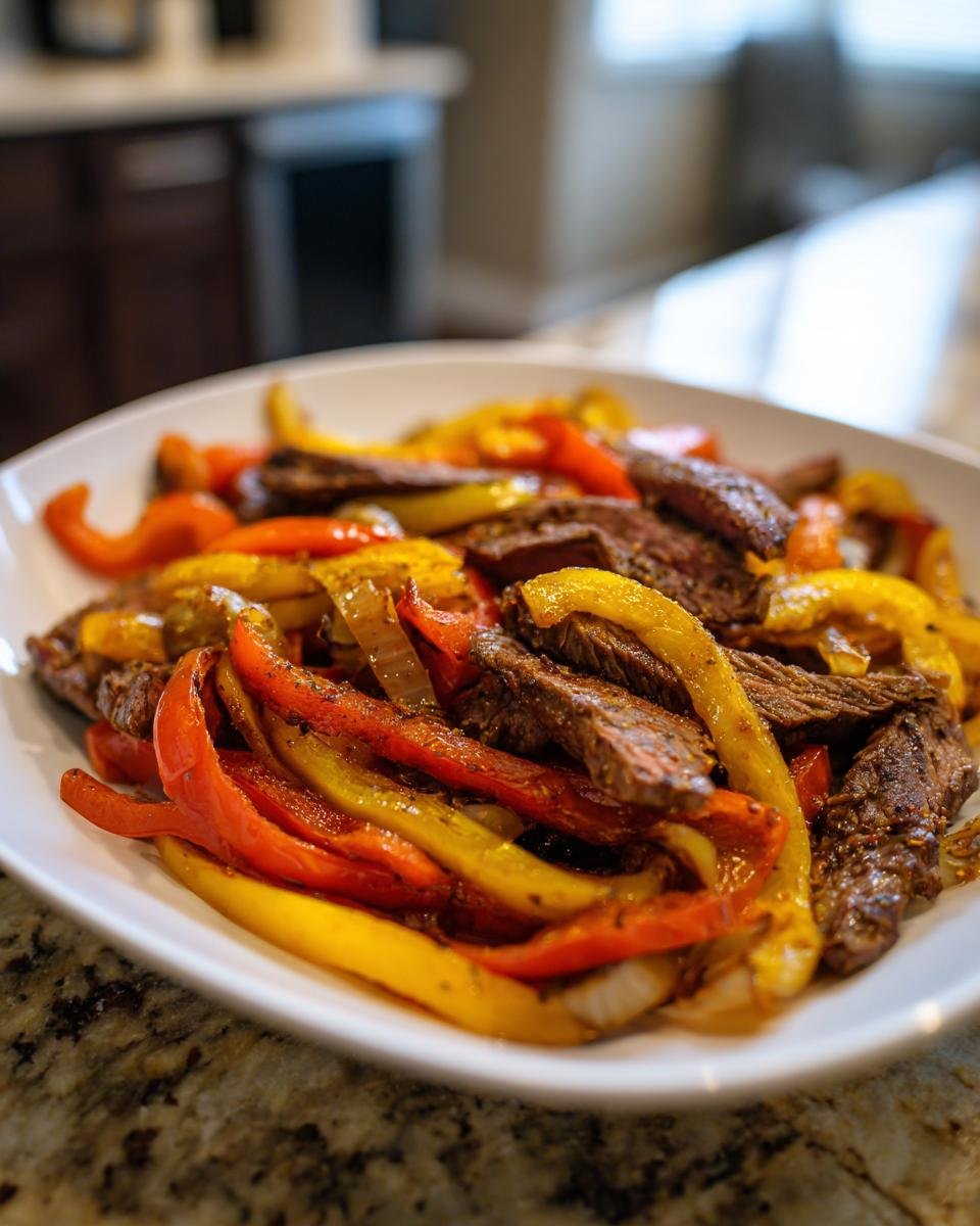 Close-up of cooked strips of steak mixed with colorful red and yellow peppers for Sheet Pan Steak Fajitas.