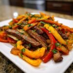 Close-up of sliced steak mixed with colorful bell peppers and onions, garnished with parsley, ready to eat Sheet Pan Steak Fajitas.