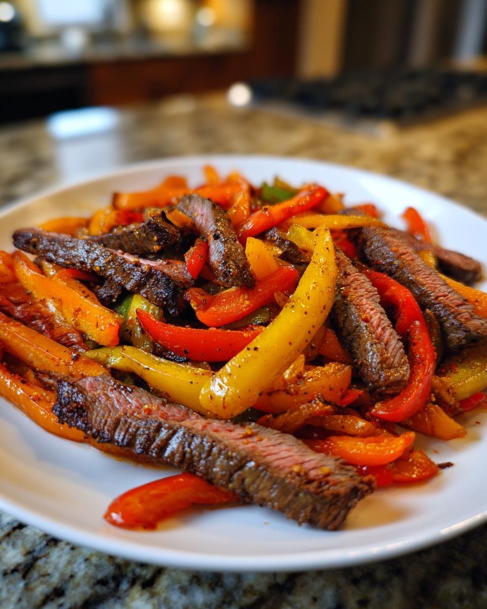 Close-up of sliced, medium-rare steak mixed with colorful bell peppers for Sheet Pan Steak Fajitas.