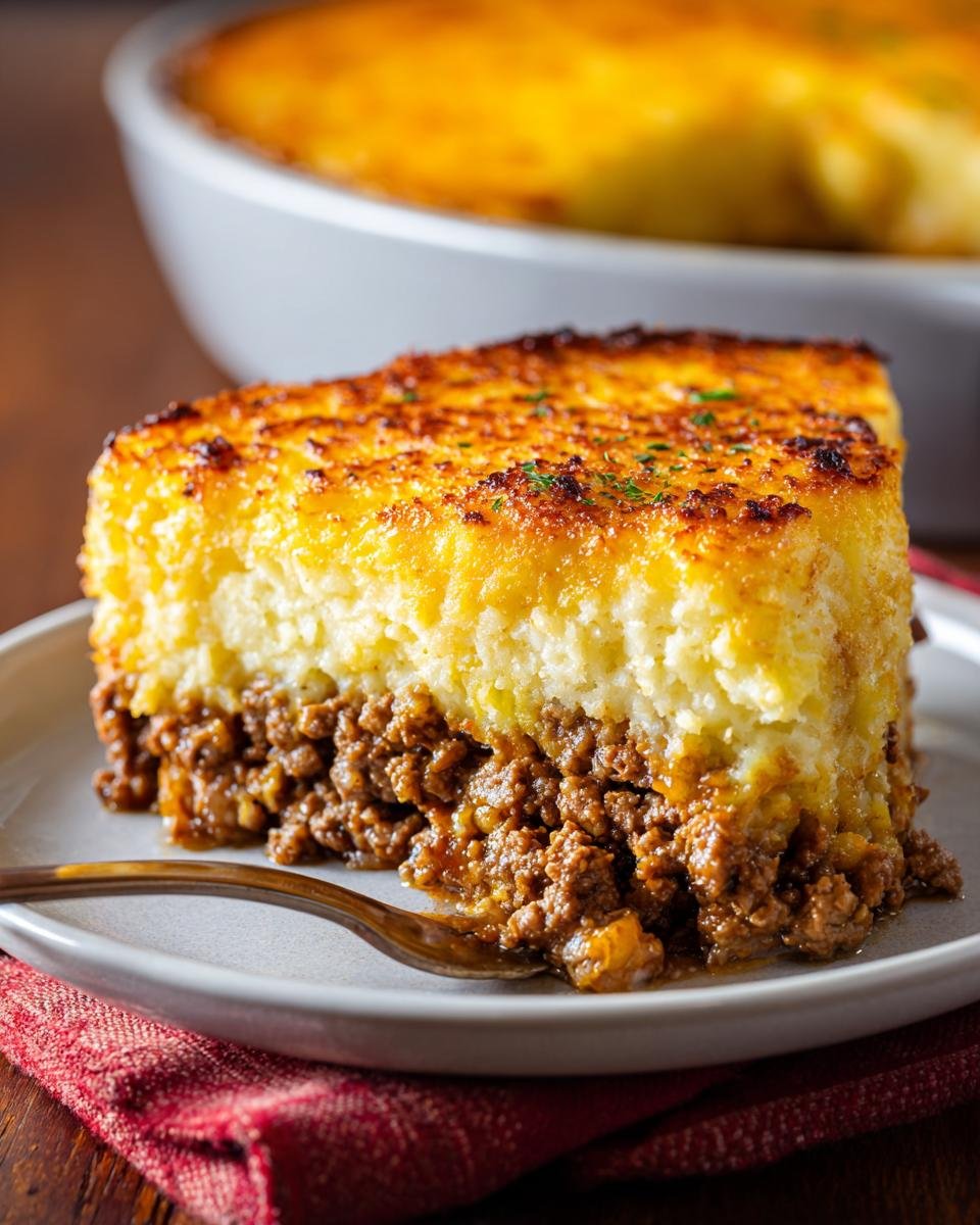 A thick slice of Shepherds Pie featuring a rich ground meat base and a golden, browned mashed potato topping.