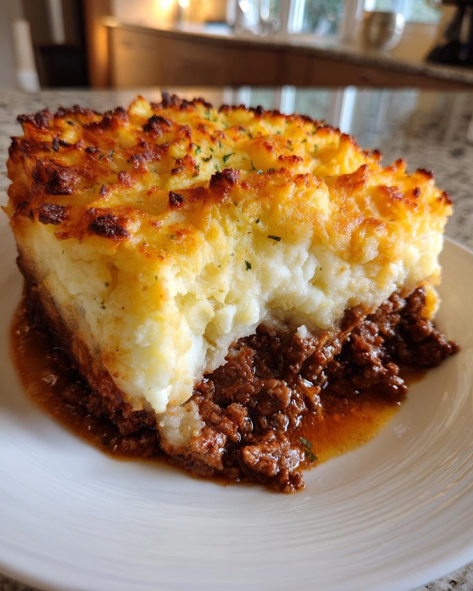 A close-up of a hearty slice of Shepherds Pie Recipe showing a rich meat filling and a golden, browned mashed potato topping.