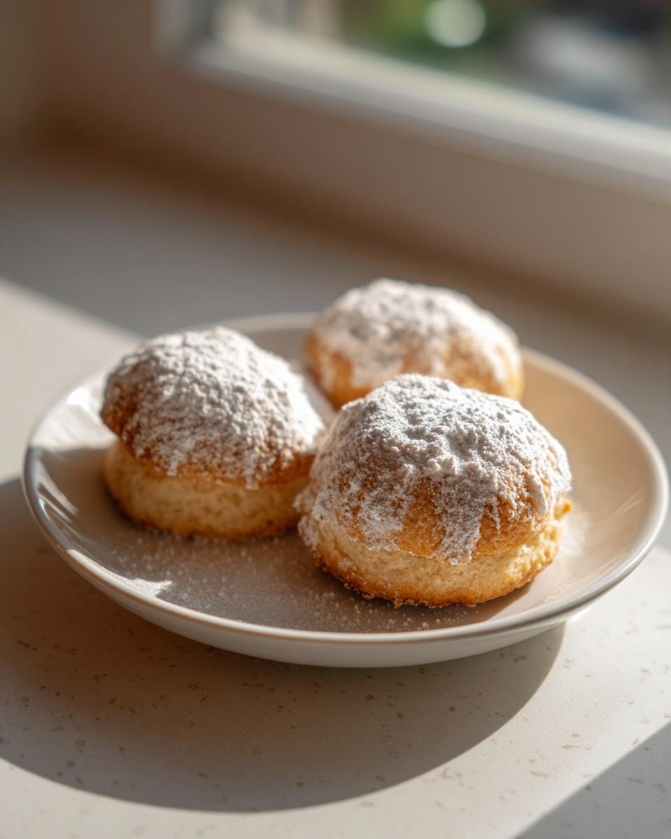 Three golden Sherlock Holmes Foggy London Tea Cakes dusted heavily with powdered sugar, served on a small plate.