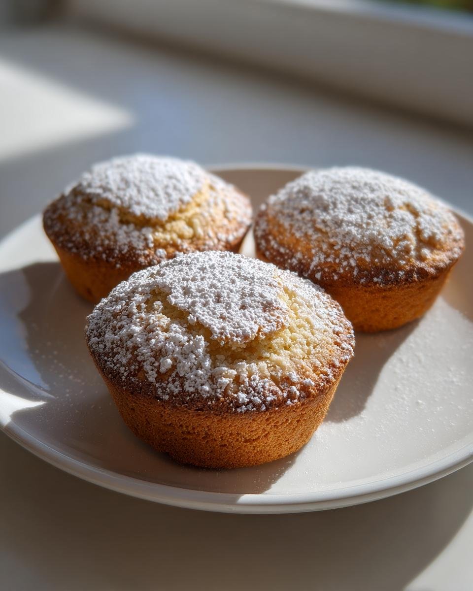 Three golden-brown Sherlock Holmes Foggy London Tea Cakes dusted generously with white powdered sugar on a white plate.