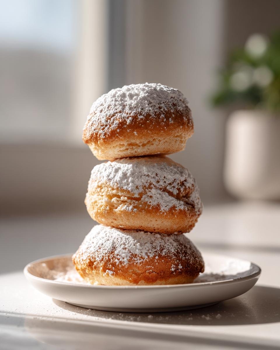 Three golden Sherlock Holmes Foggy London Tea Cakes stacked on a small white plate, generously dusted with powdered sugar.
