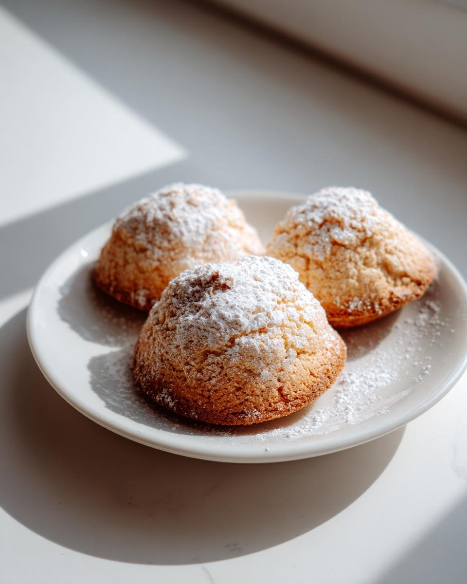 Three golden-brown Sherlock Holmes Foggy London Tea Cakes dusted generously with powdered sugar on a white plate.