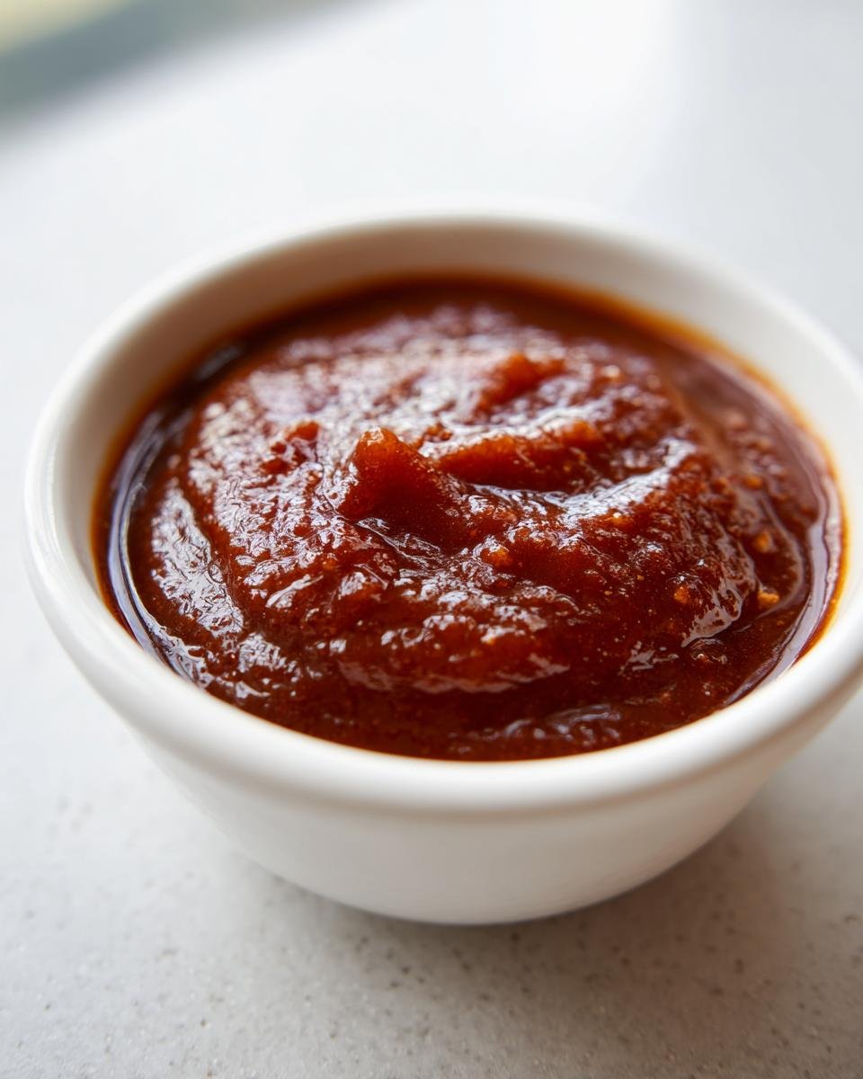 Close-up of thick, rich, dark red Shut Yo Mouth Sauce served in a small white ramekin.