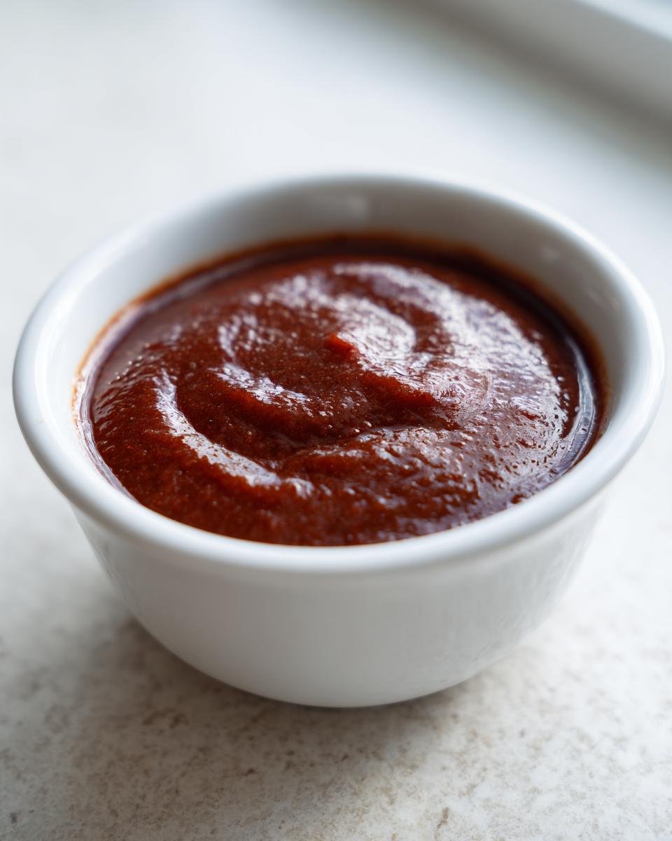 Close-up of thick, dark red Shut Yo Mouth Sauce swirled in a small white dipping bowl.