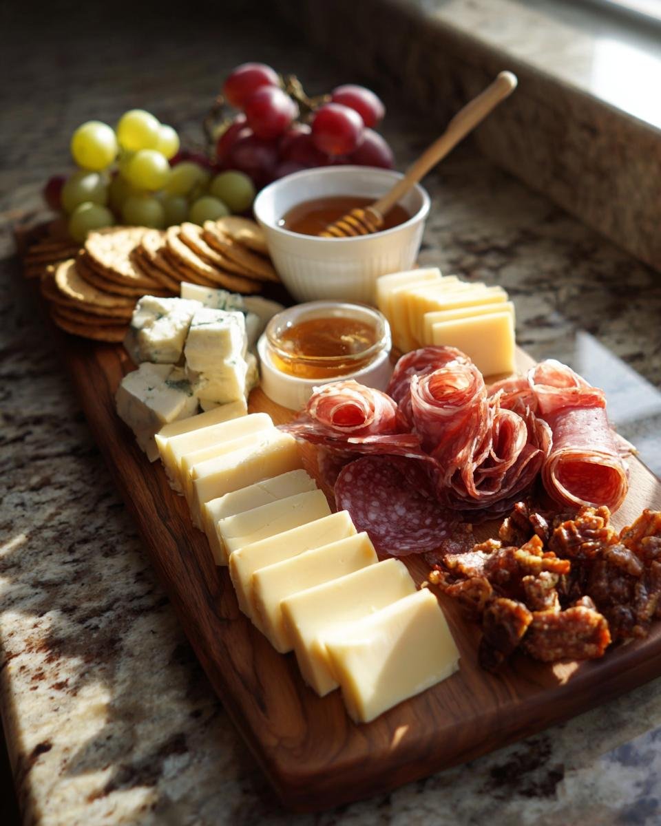 A beautifully arranged Simple Small Charcuterie Board featuring cheese, salami roses, grapes, crackers, and honey.