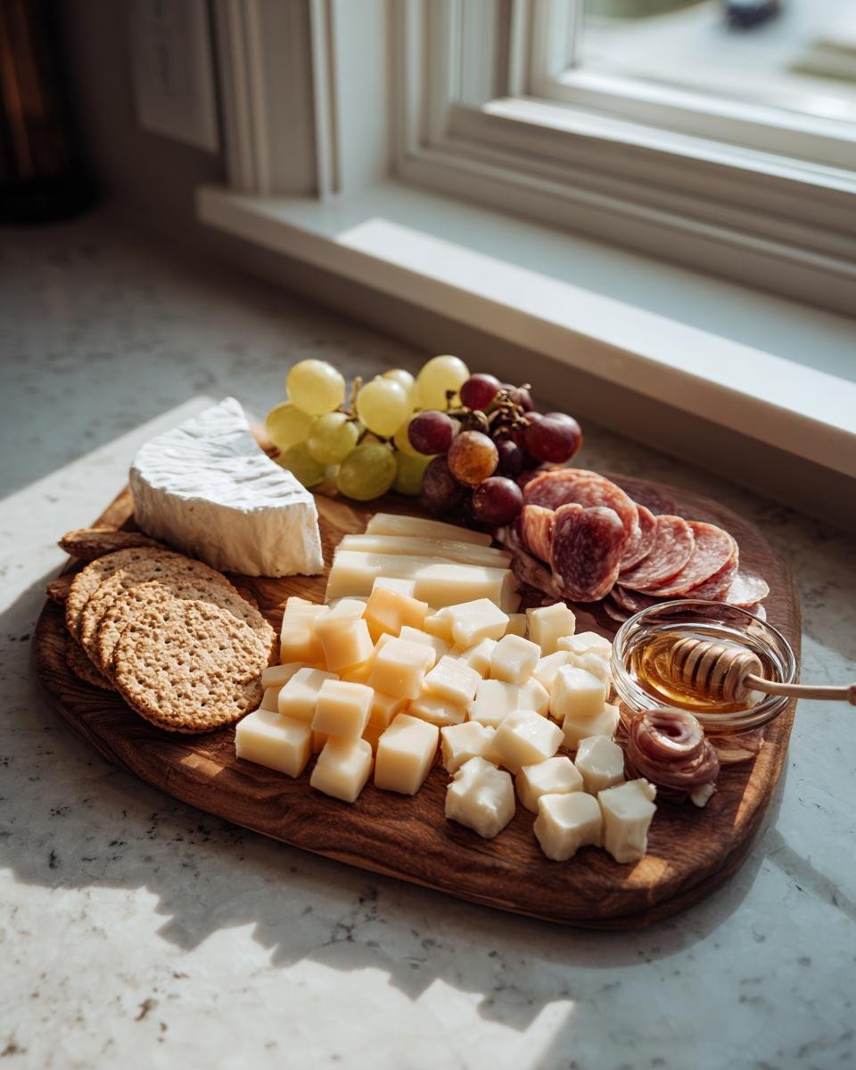 A wooden board featuring components for a Simple Small Charcuterie Board: cubed cheese, brie, crackers, salami, grapes, and honey.