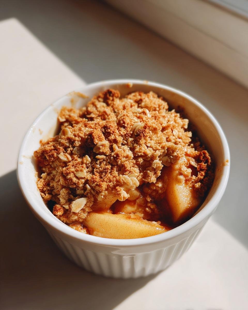 Close-up of a single serving Baked Apple Crisp with golden brown oat topping in a white ramekin.