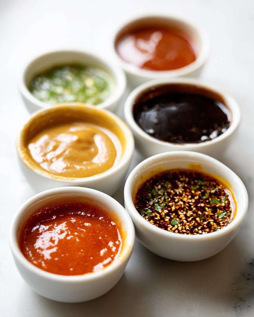 Six small white bowls showcasing different dumpling sauces, including chili, peanut, and sesame seed varieties.