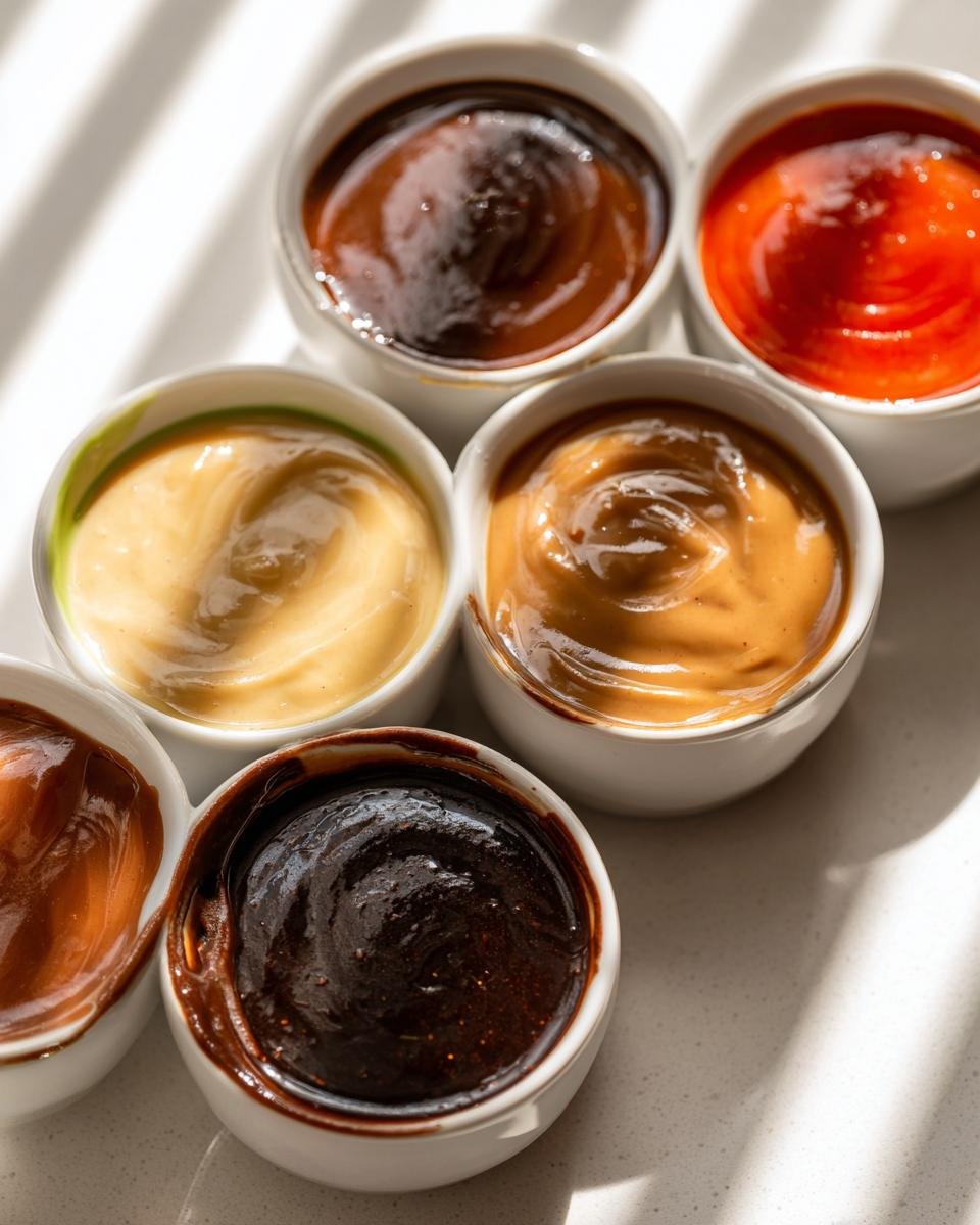 Six small white bowls filled with different colored dumpling sauces, showcasing variety in flavor options.