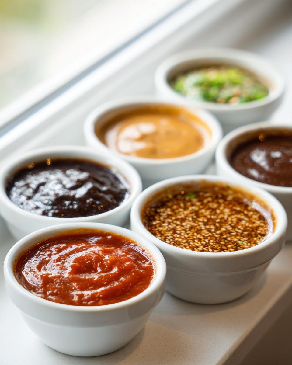 Six different dumpling sauces displayed in small white ramekins, showcasing various textures and colors.