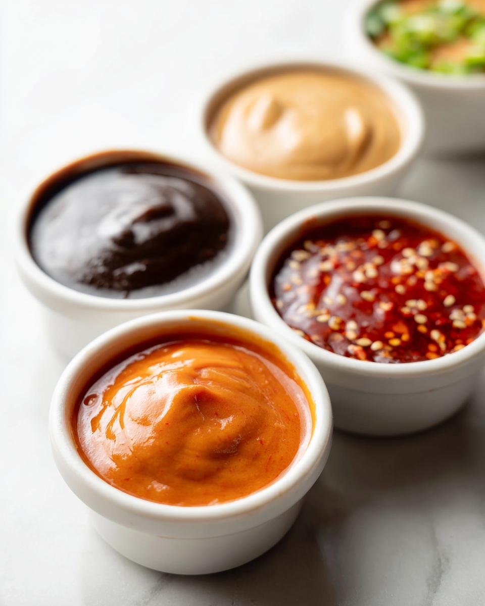 Close-up of four small white bowls containing different sauces, including peanut, chili garlic, and dark soy, for Six Dumpling Sauces That Elevate Any Meal.