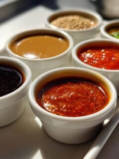 Six small white bowls containing various colorful dumpling sauces, including chili oil and soy sauce.