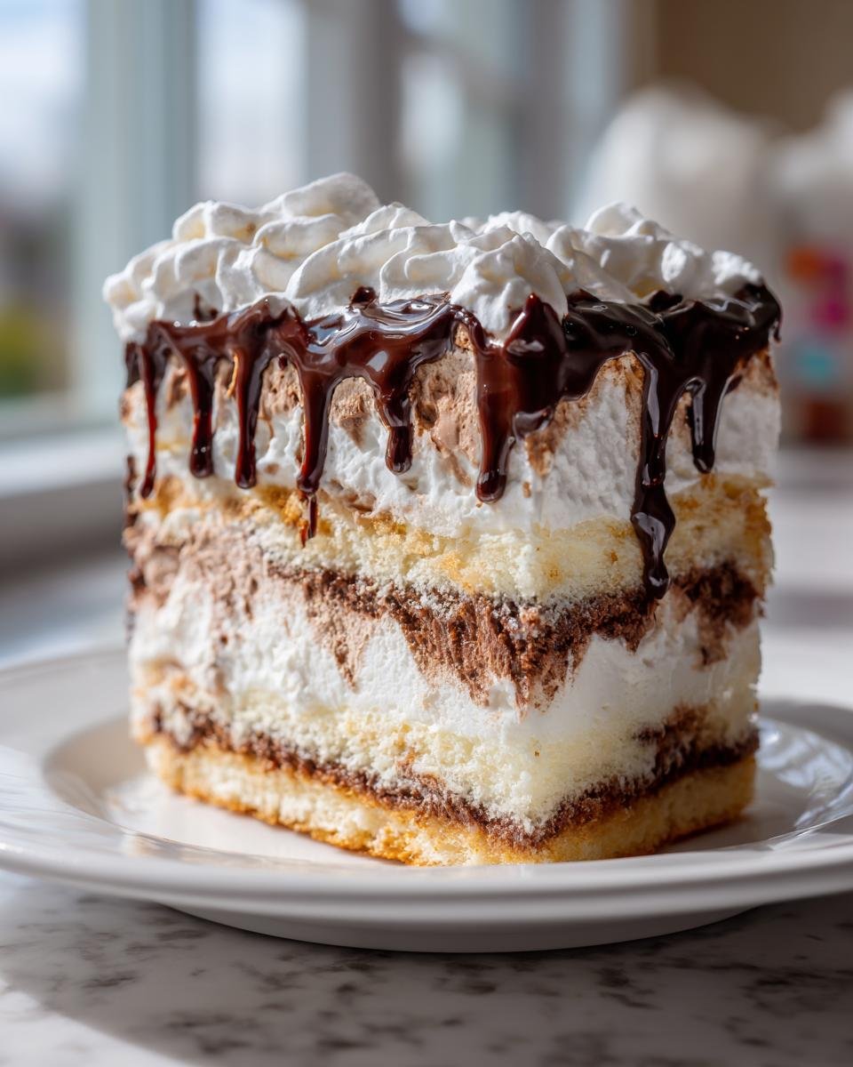 A tall slice of homemade ice cream cake featuring layers of sponge cake, white and chocolate ice cream, topped with whipped cream and chocolate syrup.