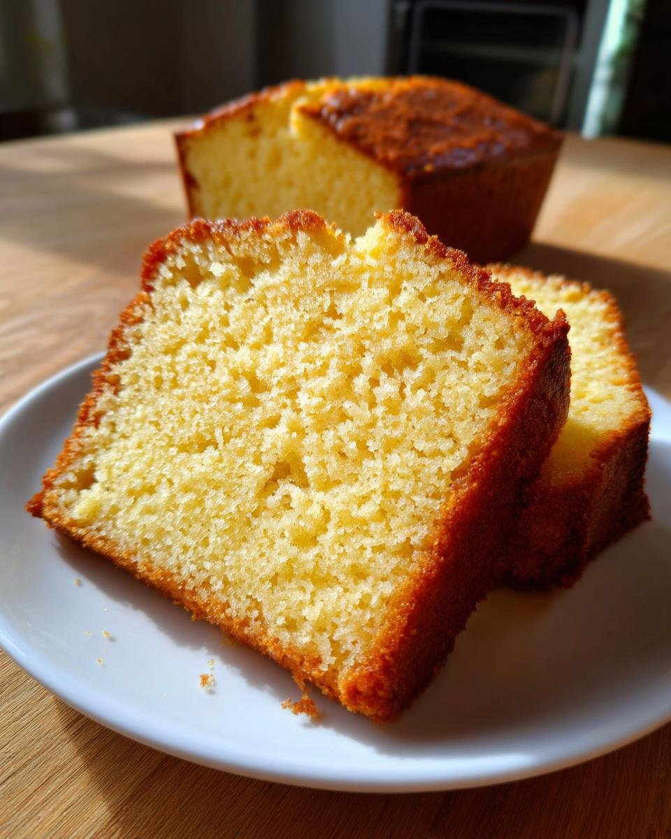 Close-up of two moist slices of Gluten Free Pound Cake Paleo on a white plate, with the loaf in the background.