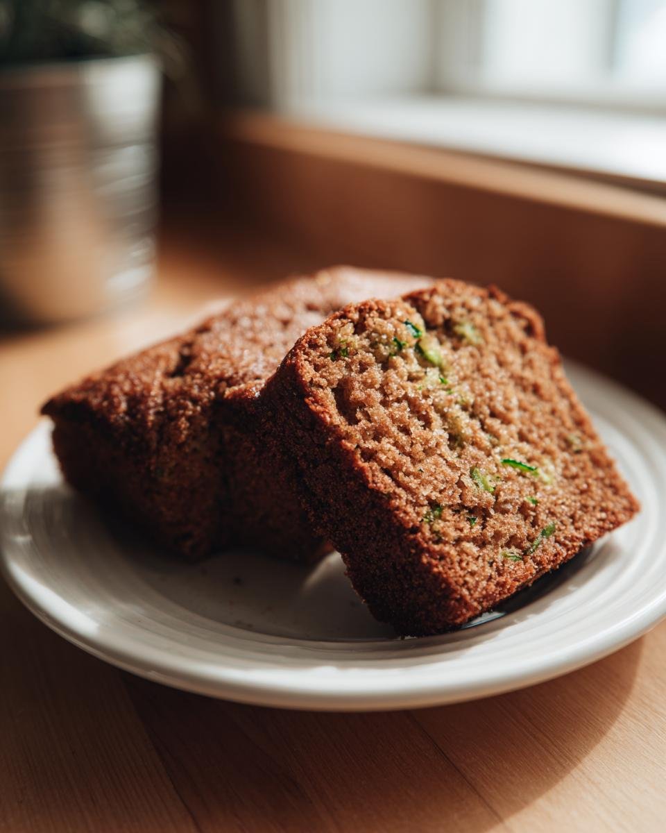 Two thick slices of moist, brown Gluten Free Zucchini Bread showing green shreds of zucchini inside.