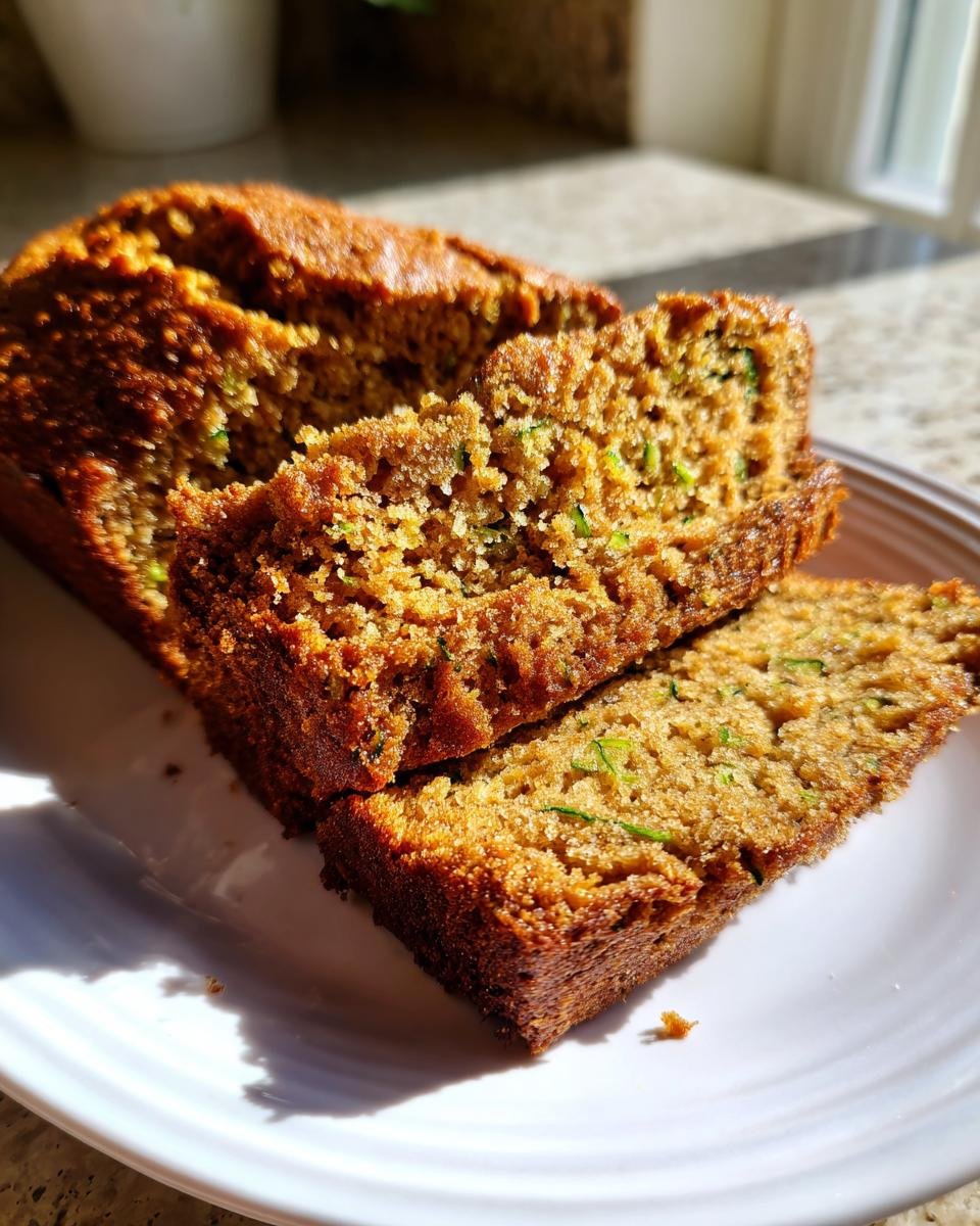 Close-up of two thick slices of moist Gluten Free Zucchini Bread showing green shreds of zucchini.