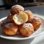 A pile of golden-brown Slovenian Farmers Cheese Dumplings dusted generously with powdered sugar, one is broken open.