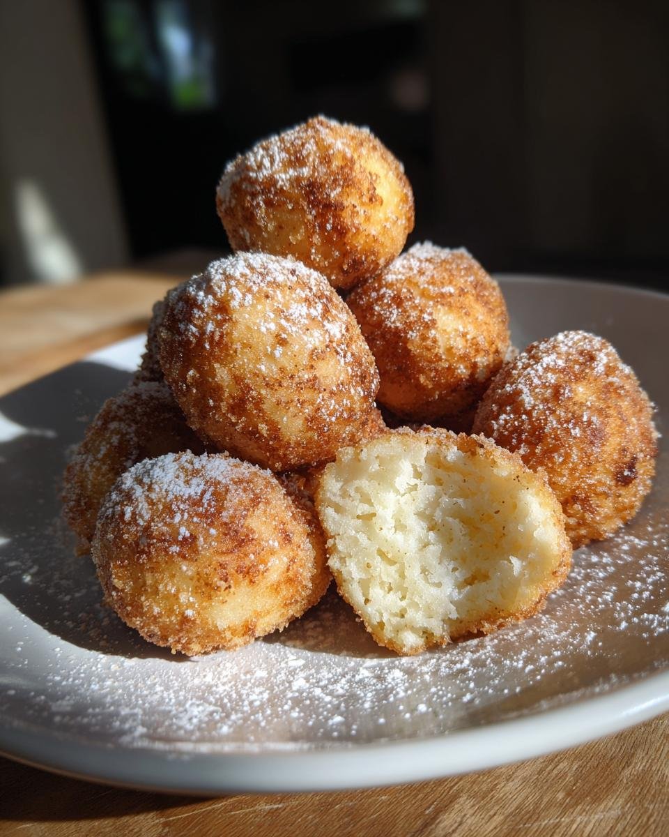 A stack of golden brown Slovenian Farmers Cheese Dumplings dusted with powdered sugar on a white plate.