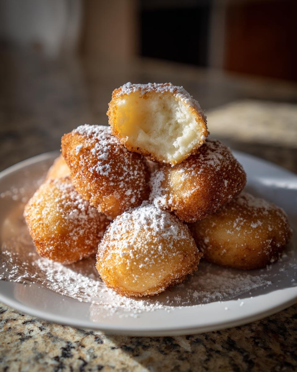 A stack of golden brown Slovenian Farmers Cheese Dumplings dusted heavily with powdered sugar, one is broken open showing the soft interior.