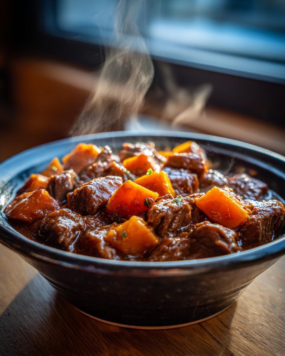 Close-up of hot, steaming Slow Cooker Beef Sweet Potato Stew with chunks of beef and bright orange sweet potatoes.