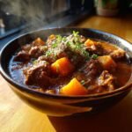 A steaming bowl of rich Slow Cooker Beef Sweet Potato Stew topped with fresh thyme sprigs.