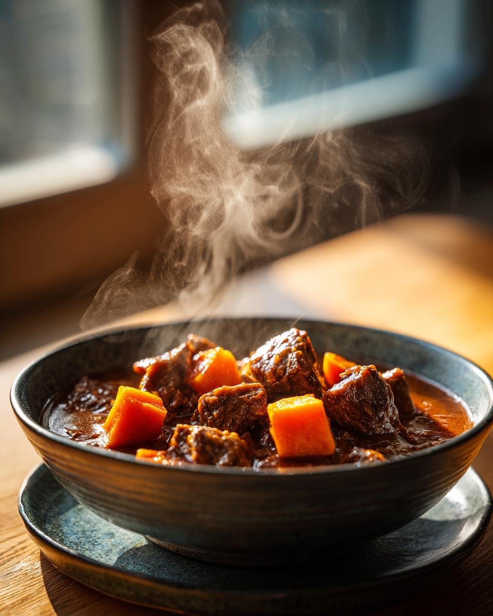 A dark bowl filled with steaming Slow Cooker Beef Sweet Potato Stew, featuring chunks of beef and bright orange sweet potatoes.