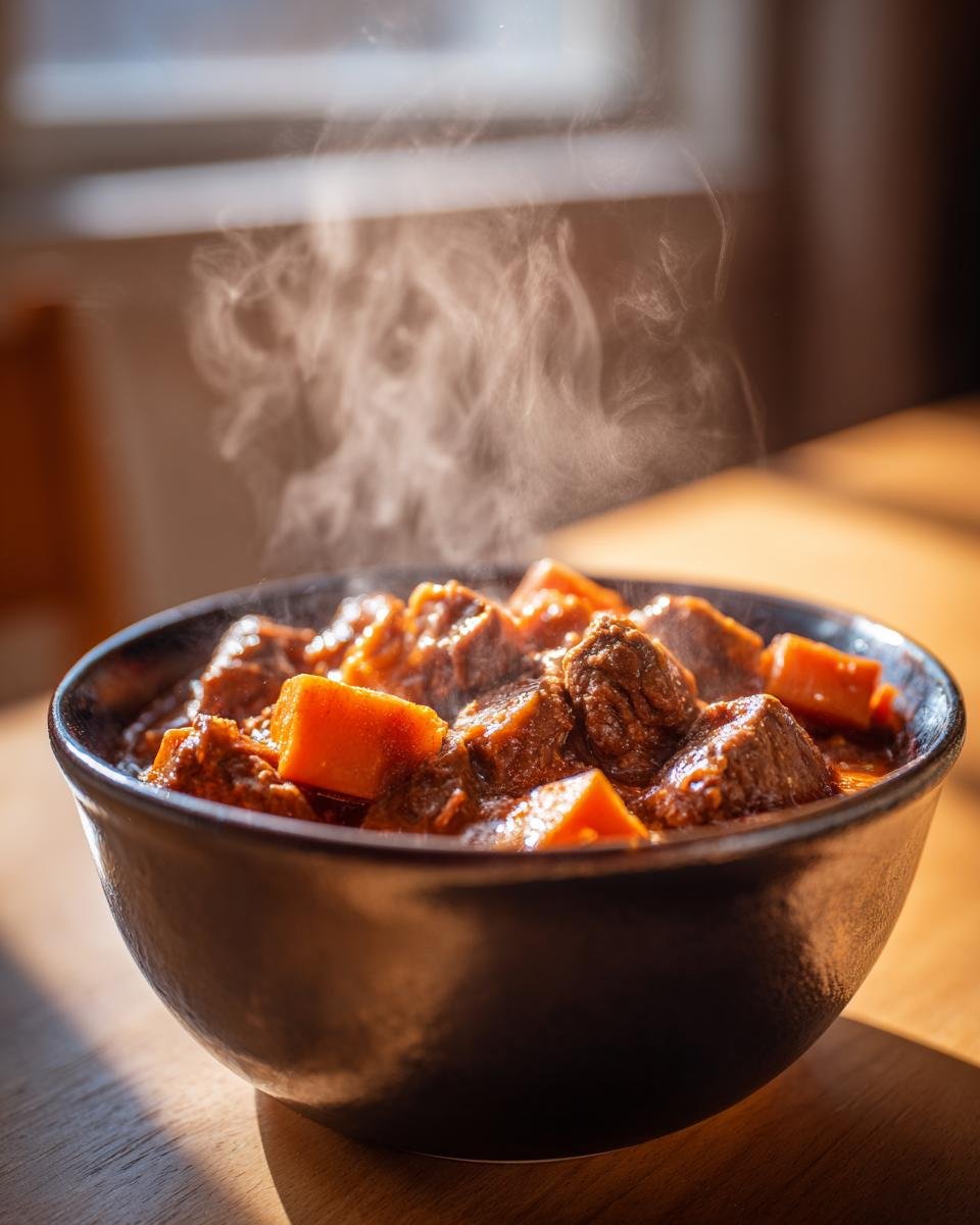 Close-up of hot, steaming Slow Cooker Beef Sweet Potato Stew with chunks of beef and sweet potato in a dark bowl.