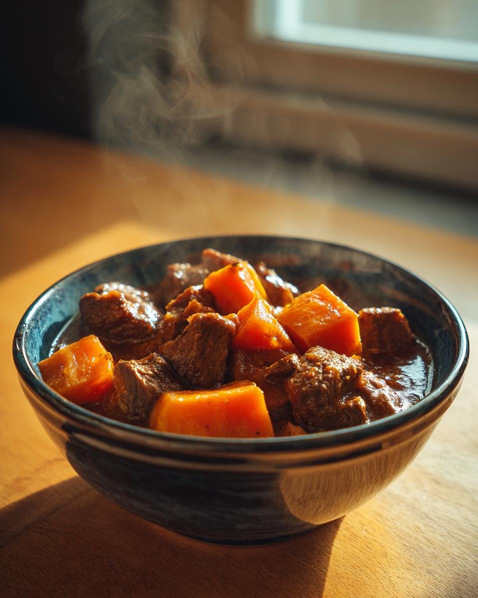 Close-up of a dark blue bowl filled with steaming Slow Cooker Beef Sweet Potato Stew, showing chunks of beef and bright orange sweet potatoes.