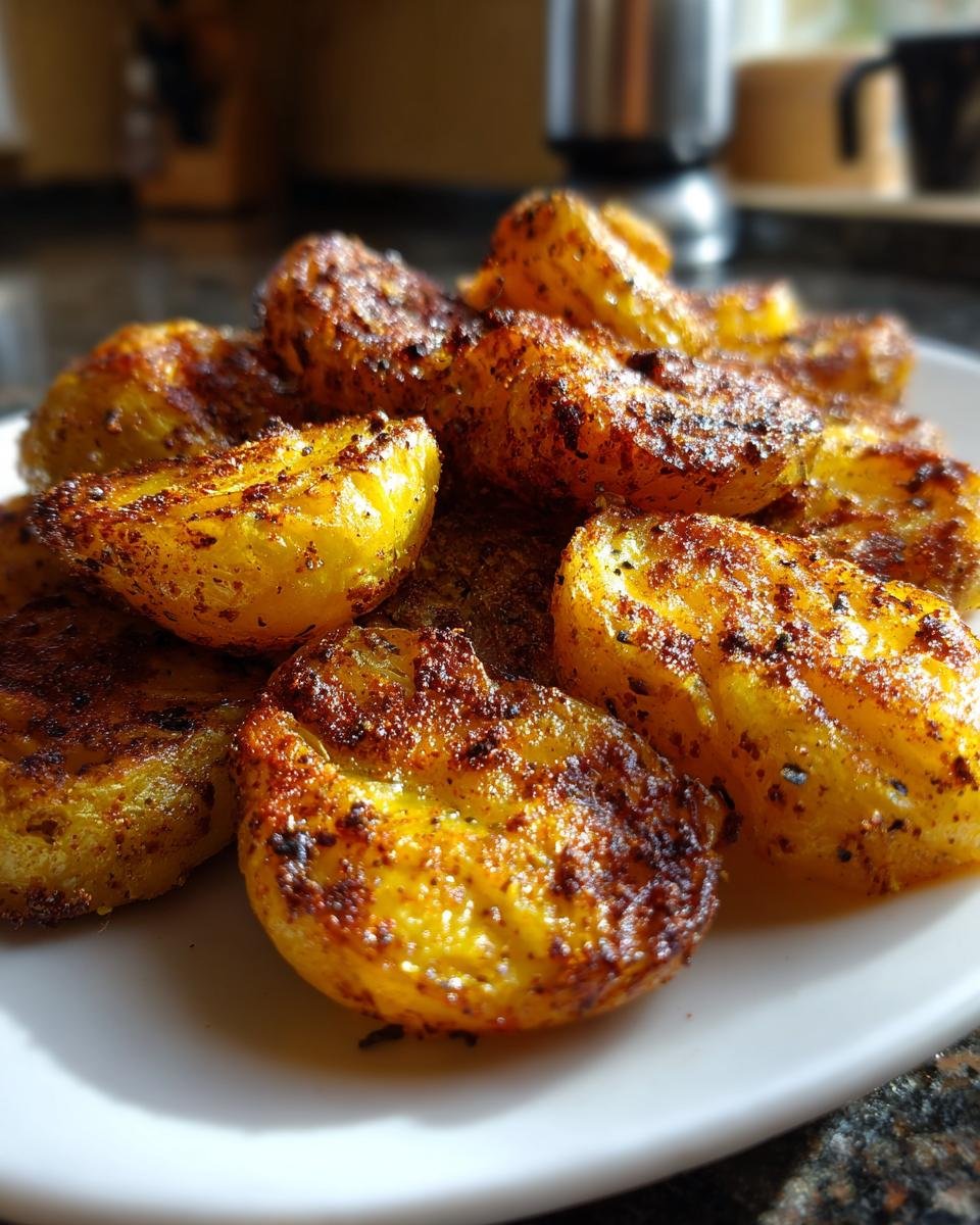 Close-up of golden brown, seasoned Smashed Fingerling Potatoes piled on a white serving plate.