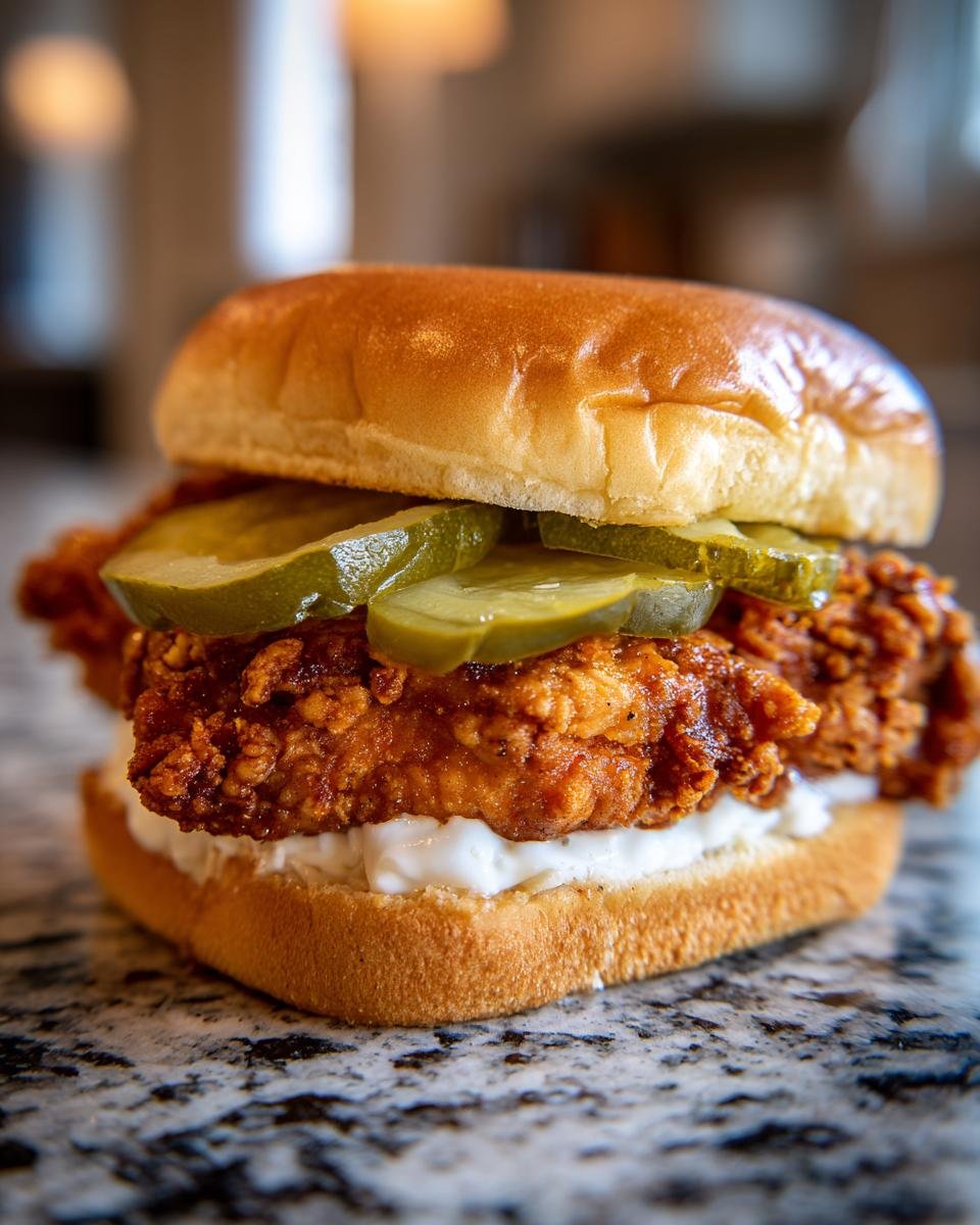 A close-up of a South Carolina Bird Dog Sandwich featuring crispy fried chicken, pickles, and white sauce on a brioche bun.