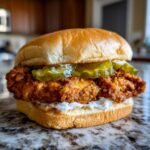 A delicious South Carolina Bird Dog Sandwich featuring crispy fried chicken, pickles, and white sauce on a soft bun.