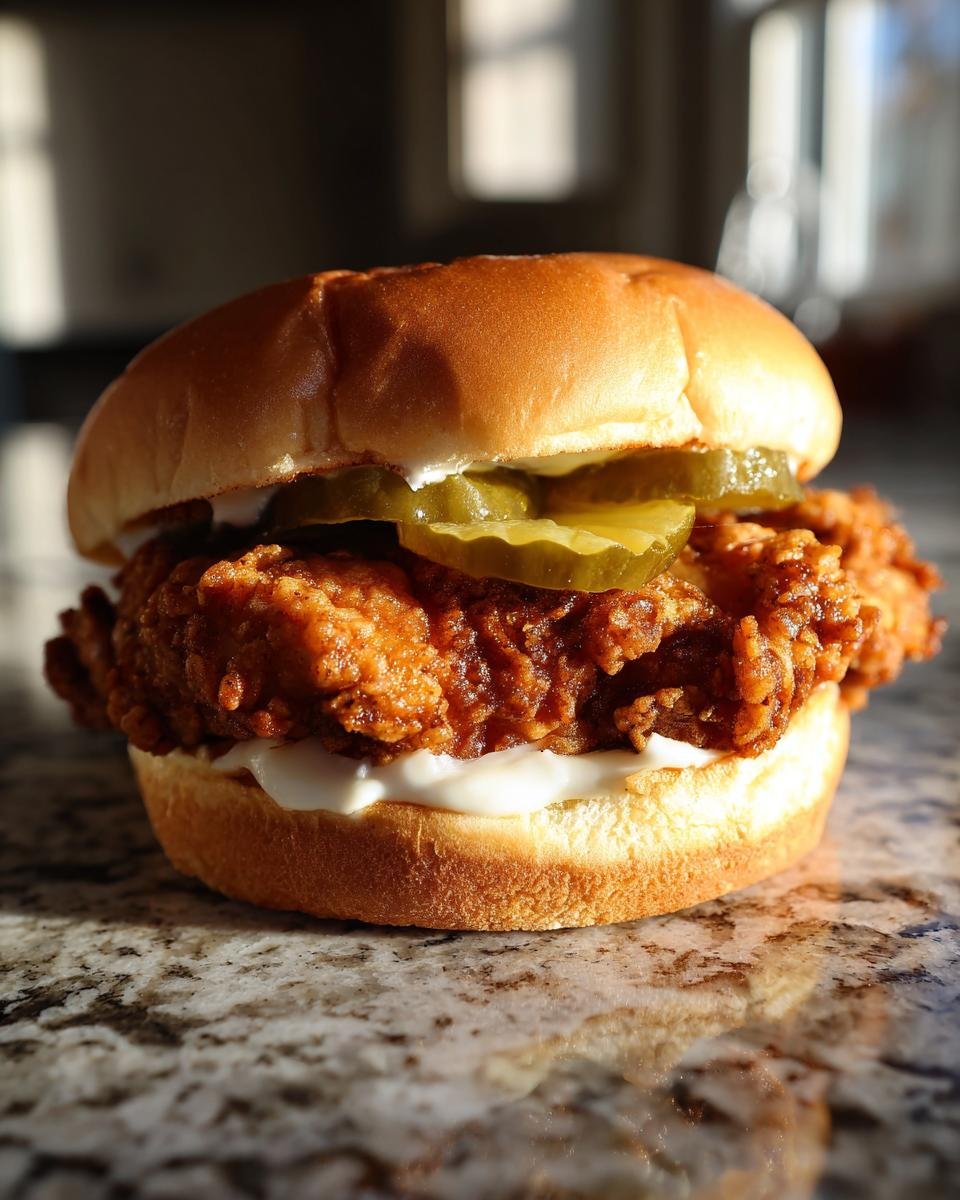 A close-up of a crispy fried chicken sandwich, a South Carolina Bird Dog Sandwich, on a brioche bun with pickles and mayo.