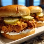 Close-up of two delicious South Carolina Bird Dog Sandwiches featuring crispy chicken, pickles, and sauce on brioche buns.