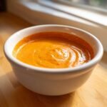 A close-up of creamy, orange-hued Southwest Salad Dressing swirled in a small white bowl.