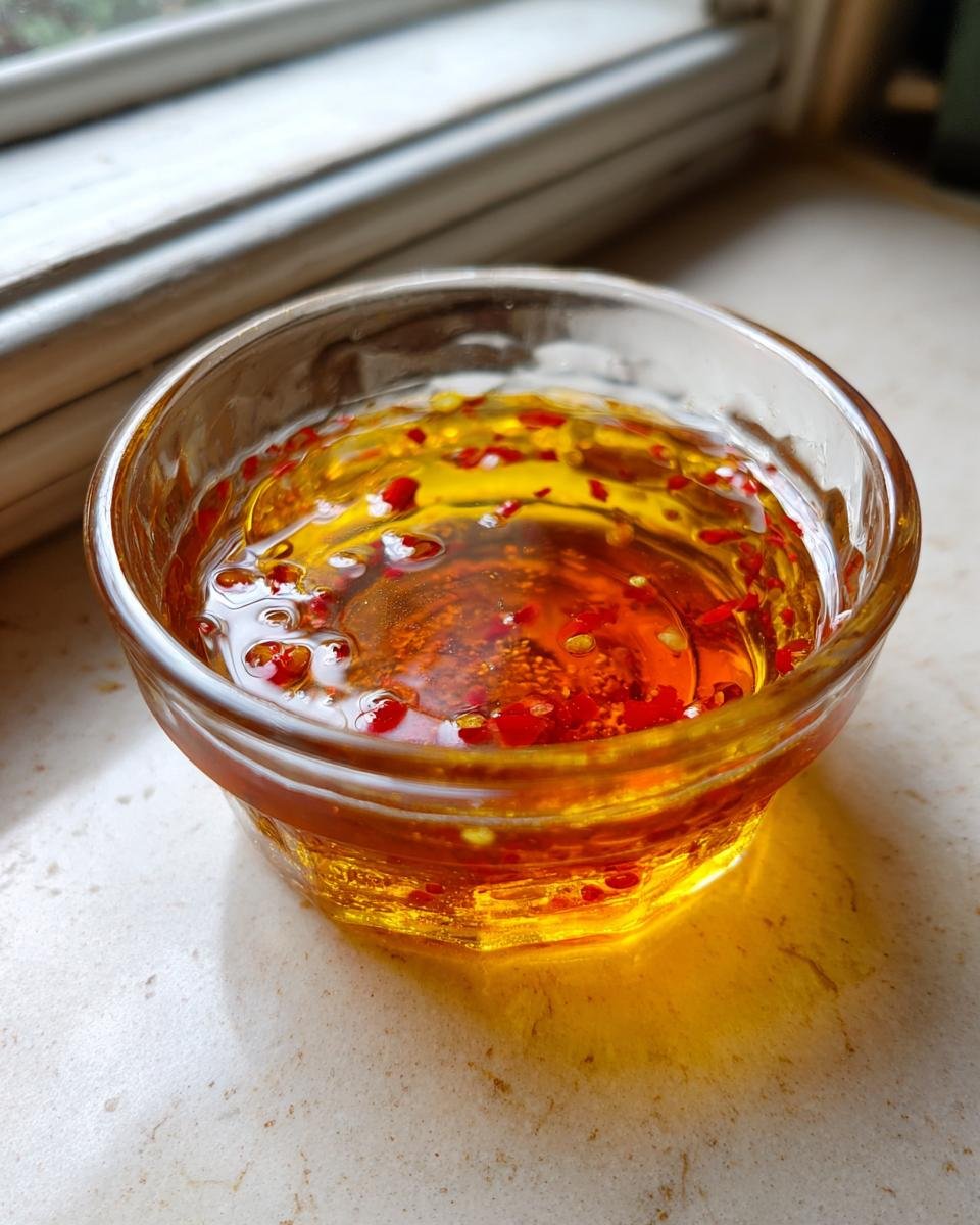 Close-up of a small glass bowl filled with golden liquid and bright red chili flakes, representing Thai Dipping Sauce.