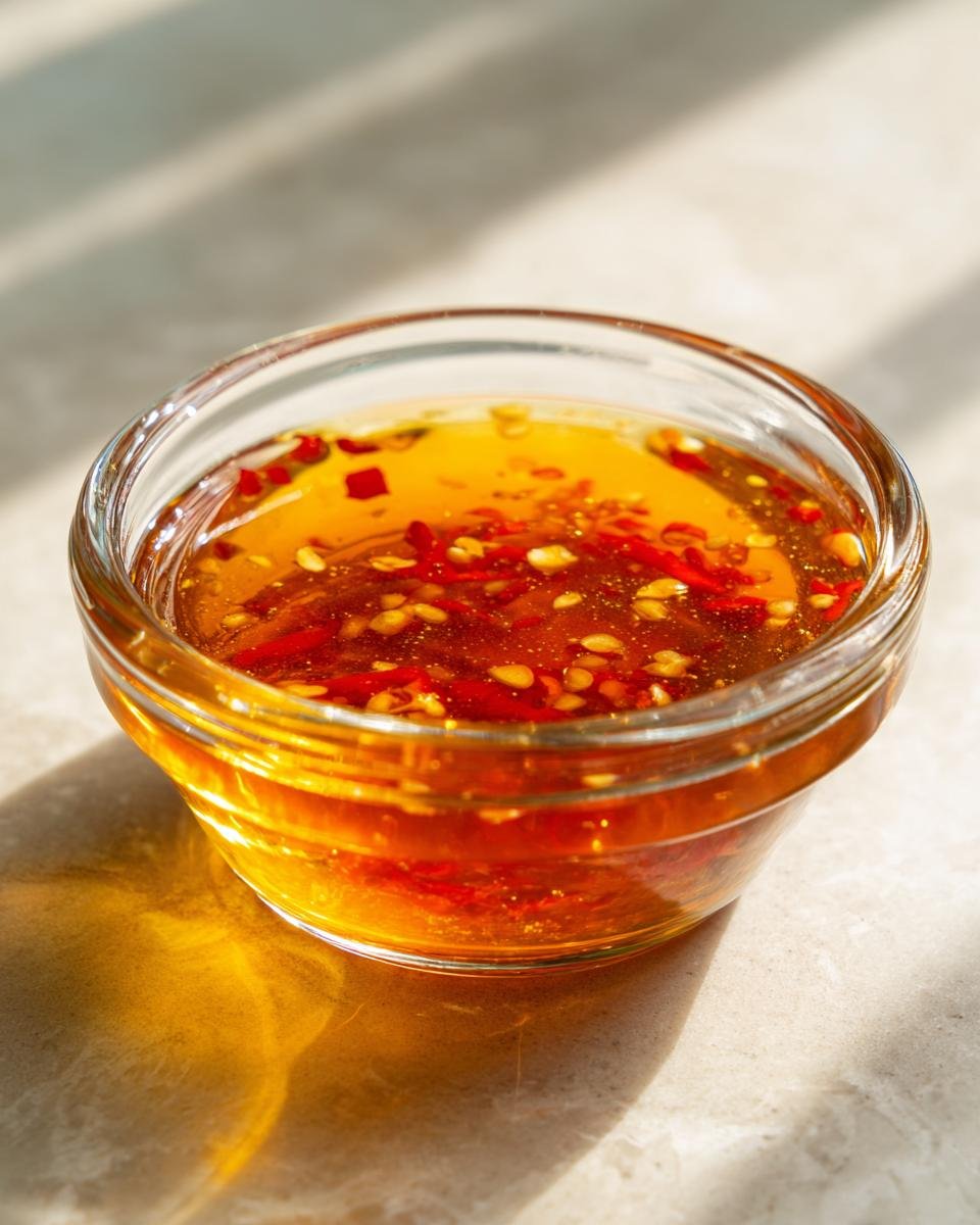 Close-up of a small glass bowl filled with vibrant, amber Thai Dipping Sauce featuring visible red chili flakes and seeds.