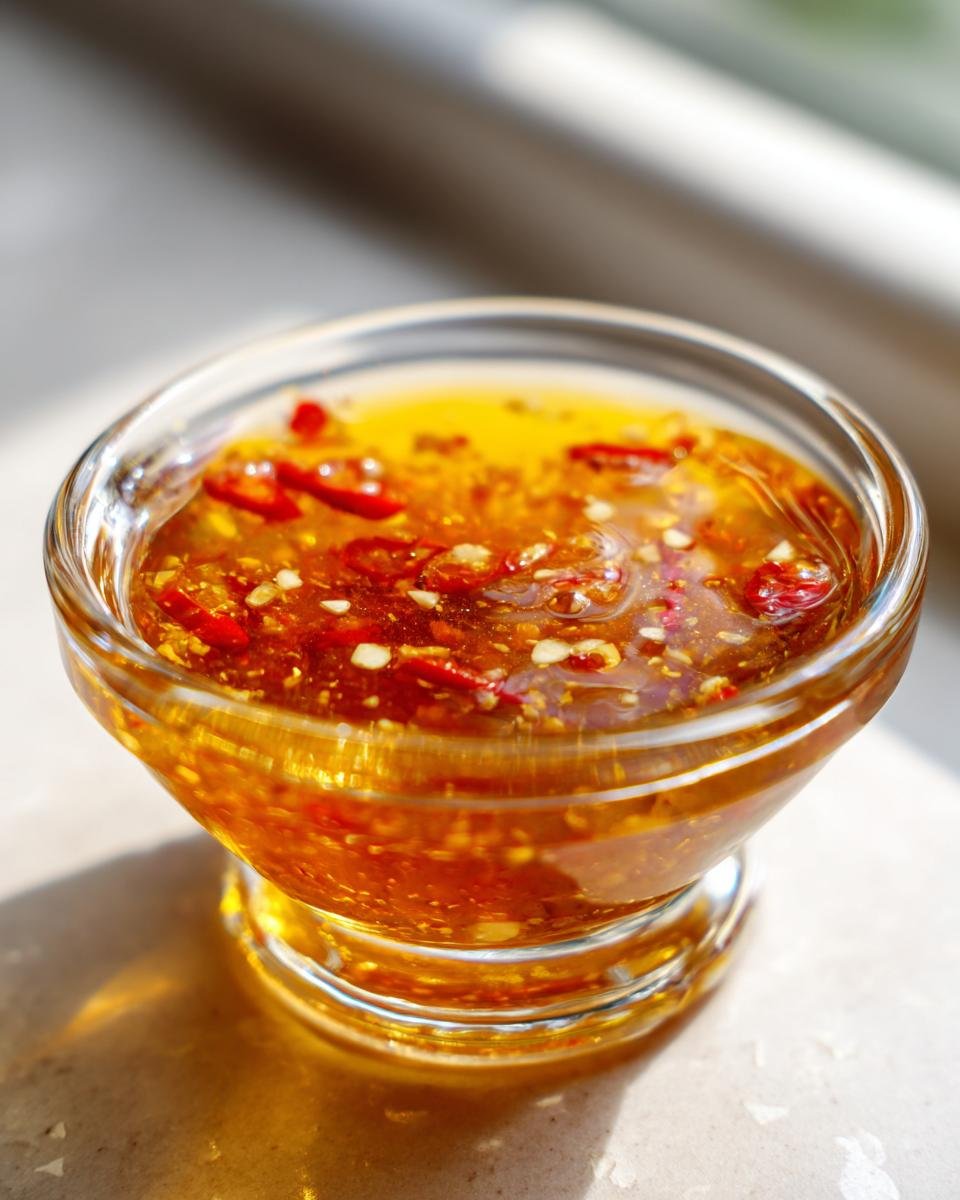 Close-up of vibrant, amber-colored Thai Dipping Sauce speckled with red chili flakes and seeds in a small glass bowl.