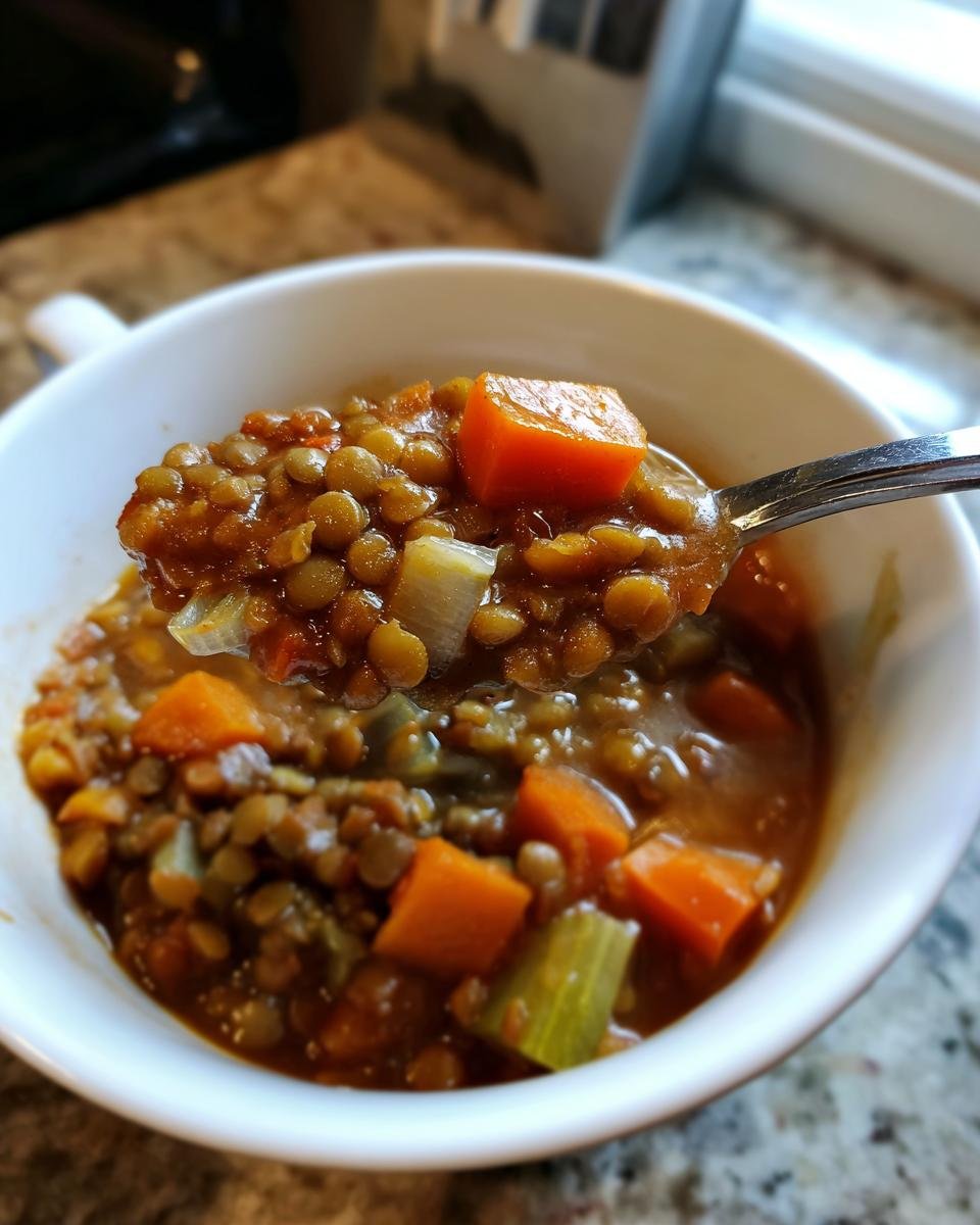 Close-up of a spoonful of Hearty Crockpot Lentil Soup showing lentils, diced carrots, and celery.