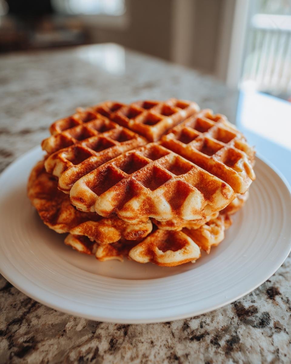 A close-up stack of golden brown Oat Flour Waffles resting on a white plate on a granite countertop.