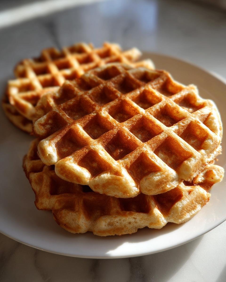 A stack of three golden-brown Oat Flour Waffles resting on a white plate, illuminated by sunlight.