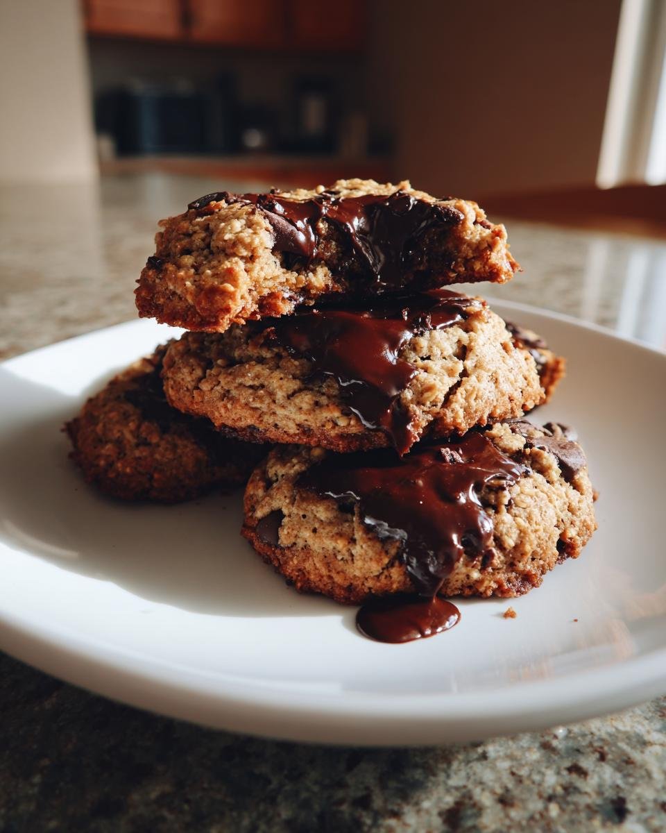 A stack of freshly baked Oat Flour Chocolate Chip Cookies drizzled generously with melted chocolate.