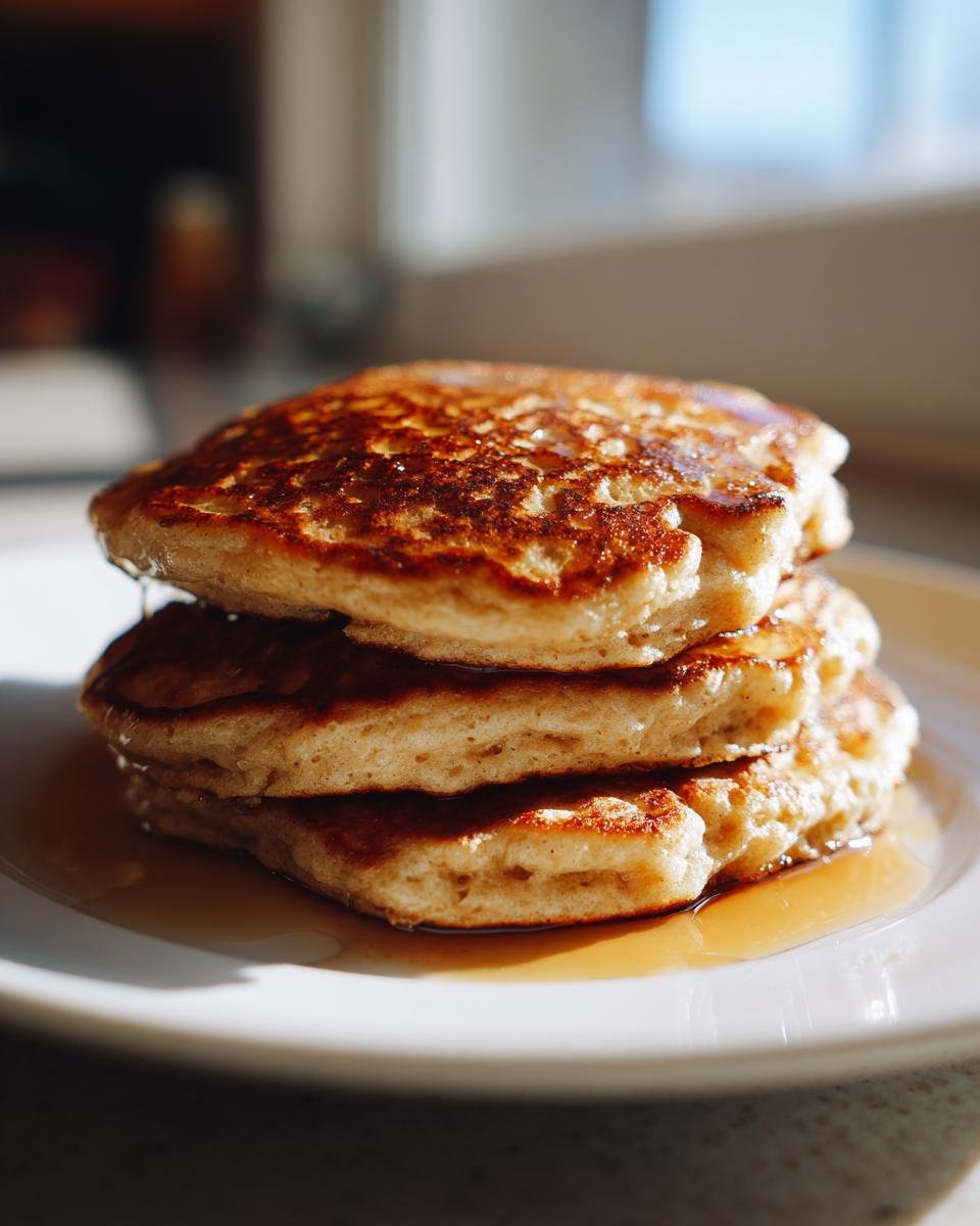 A close-up stack of three fluffy Oat Flour Pancakes drizzled with maple syrup on a white plate.