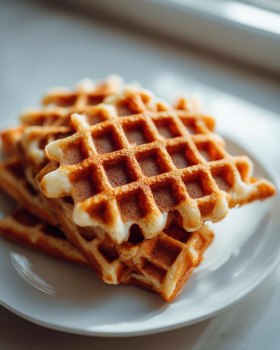 A close-up stack of golden brown, freshly made Oat Flour Waffles resting on a white plate.