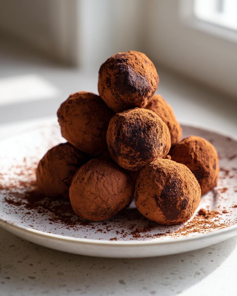 A small pyramid stack of rich Tiramisu Truffles heavily dusted in dark cocoa powder, resting on a speckled white plate.